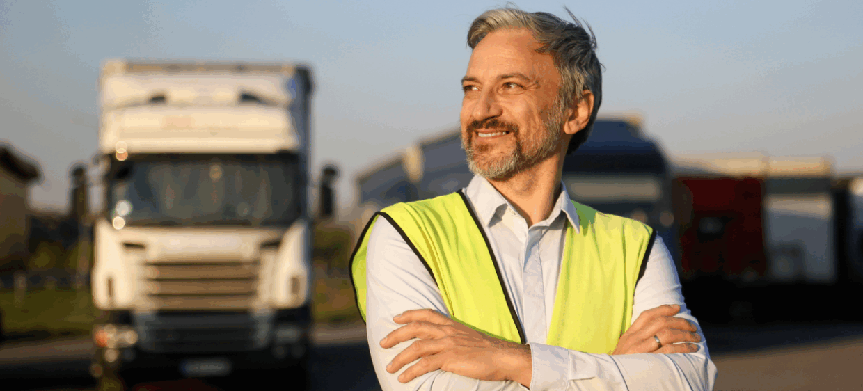 Hombre +50 ve al horizonte al atardecer sonriendo porque su nuevo carnet de conducir le permitio mejorar su trabajo en España. El fondo, transportes de carga pesada.