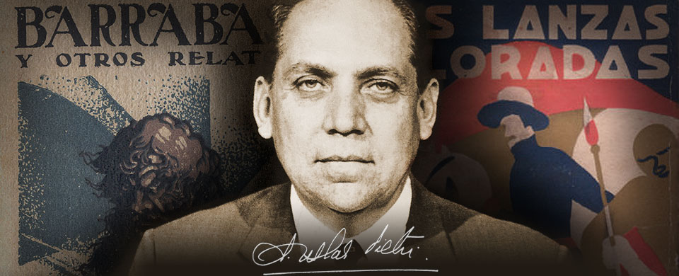 arturo_uslar_pietri biblioteca cervantes hispanidad Retrato de Arturo Uslar Pietri. De fondo, dos carátulas de sus libros, escritor de la hispanidad.